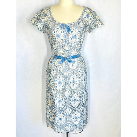 Vintage 50s 60s Blue Eyelet Wiggle Pencil Dress Size M Medium Floral VLV Pinup - Picture 2 of 7